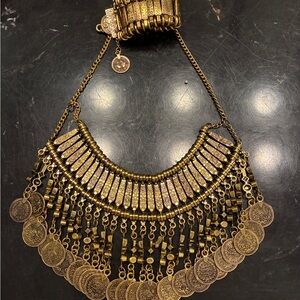Gold-Tone Coin Fringe Bib Necklace - Statement Women’s Necklace